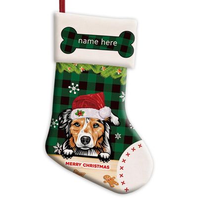 MALIHONG Personalized 1 Pack Merry Christmas Stocking Funny Dog Australian Shepherd with Santa Hat Green Buffalo Plaid Check Snowflake Xmas for Dog Pet Fireplace Home Decor 14.4"