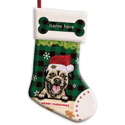 MALIHONG Personalized 1 Pack Merry Christmas Stocking Dog Border Terrier with Santa Hat Green Buffalo Plaid Check Snowflake Xmas for Dog Pet Fireplace Home Decor 14.4"