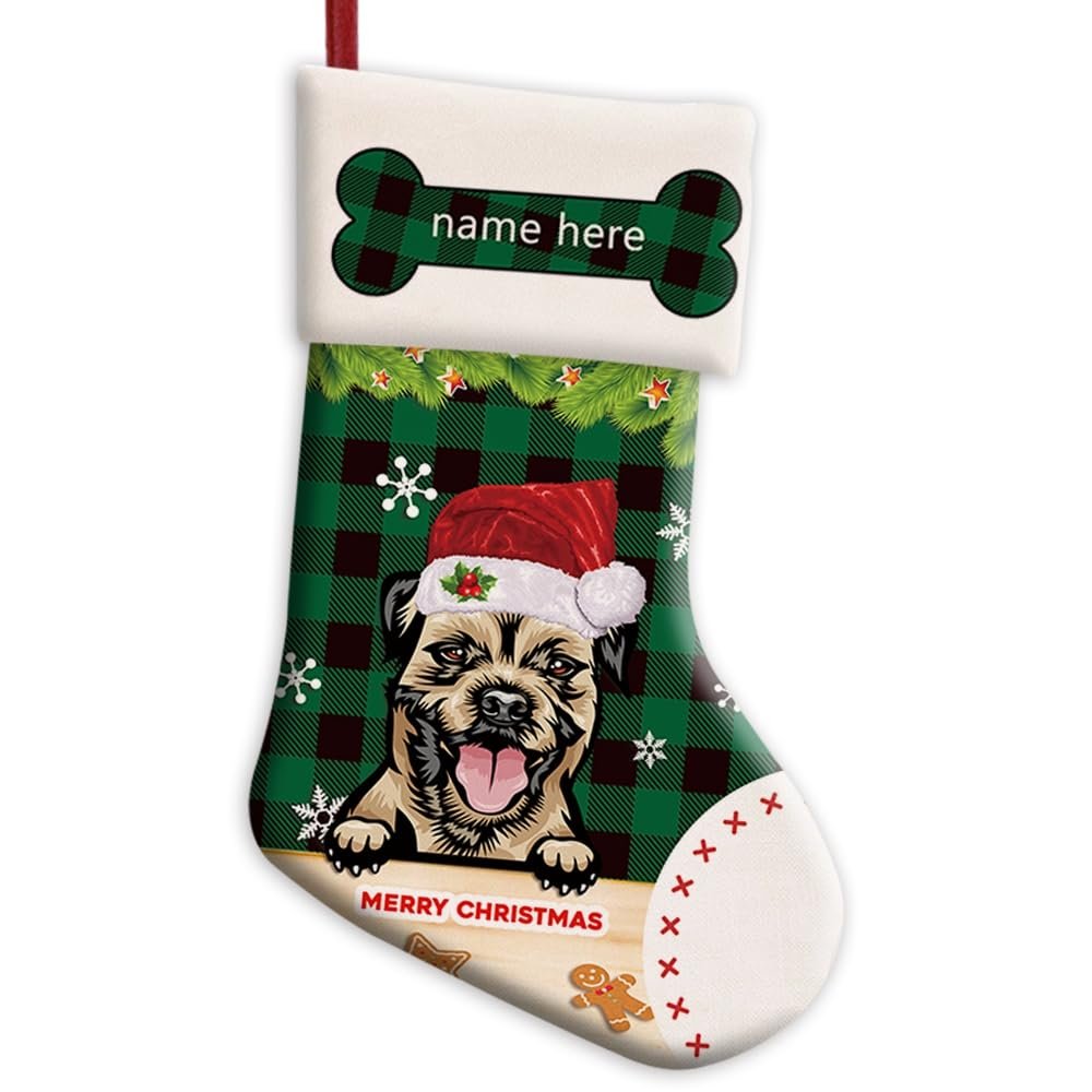 MALIHONG Personalized 1 Pack Merry Christmas Stocking Dog Border Terrier with Santa Hat Green Buffalo Plaid Check Snowflake Xmas for Dog Pet Fireplace Home Decor 14.4"