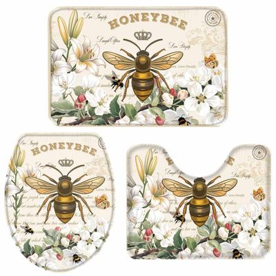 Houseown Farmhouse Bathroom Rugs Mat Sets 3 Piece, Honey Bee Flowers Bathroom Decor Mat Set with Non-Slip Rug, Toilet Lid Cover and Bath Mat Accessories