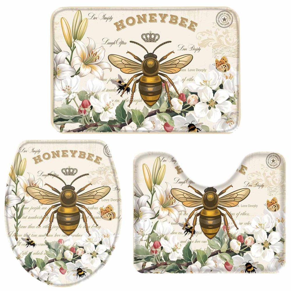 Houseown Farmhouse Bathroom Rugs Mat Sets 3 Piece, Honey Bee Flowers Bathroom Decor Mat Set with Non-Slip Rug, Toilet Lid Cover and Bath Mat Accessories