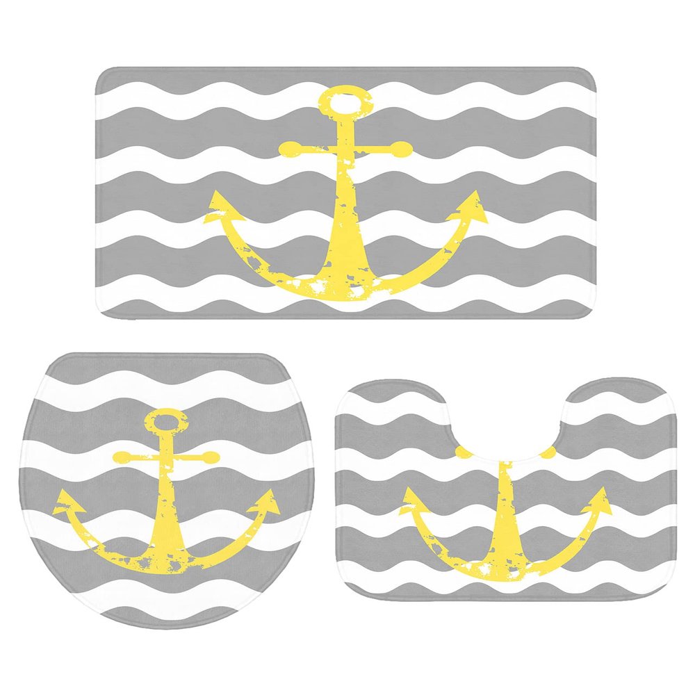 Houseown Farmhouse Bathroom Rugs Mat Sets 3 Piece, Yellow Nautical Anchor Grey Wavy Stripes Bathroom Decor Mat Set with Non-Slip Rug, Toilet Lid Cover and Bath Mat Accessories