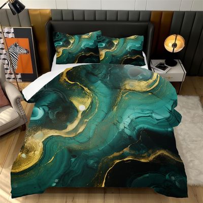 3D Abstract Art Marble Pattern Comforter Set Hunter Green Gold Glitter Marbling Print Full Size Duvet Bedding Set for Kids Adult Modern Soft Boys Girls Teens Bedroom Quilt Set with 2Pillowcases