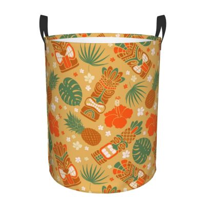 Tropical Tiki Pineapple Hibiscus Laundry Hamper with Durable Handle Waterproof Collapsible Laundry Basket Round Storage Basket Dirty Clothes Organizer Bag for Bedroom Bathroom Dorm Office