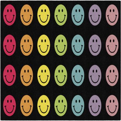 Flagship Carpets Rainbow Smileys in Black Criss-Cross Applesauce Educational Area Rug for Kids Room, Children's Classroom for Teaching & Playroom, 7'6" x 12', Black & Multi, Seats 28