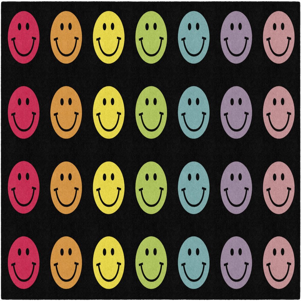 Flagship Carpets Rainbow Smileys in Black Criss-Cross Applesauce Educational Area Rug for Kids Room, Children's Classroom for Teaching & Playroom, 7'6" x 12', Black & Multi, Seats 28