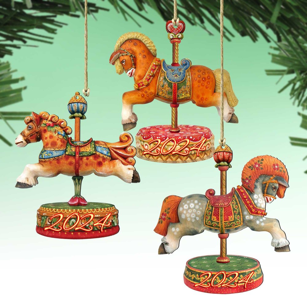 2024 Dated Carousel Wooden Ornaments Set of 3 by G. DeBrekht | Christmas Dcor - 8100087S3-D24