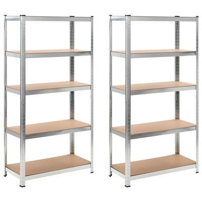 5-Layer Heavy-duty Shelves ,Storage Rack,Display Rack,Bookshelf,Food Shelf,Corner Shelf,for Garage, Kitchen, Warehouse, Living Room, Bedroom, Basement, Workplace, 2 pcs Silver Steel&Engineered Wood