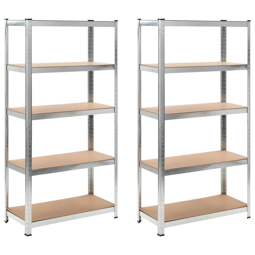 5-Layer Heavy-duty Shelves ,Storage Rack,Display Rack,Bookshelf,Food Shelf,Corner Shelf,for Garage, Kitchen, Warehouse, Living Room, Bedroom, Basement, Workplace, 2 pcs Silver Steel&Engineered Wood