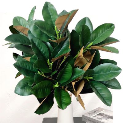 Olivachel Artificial Magnolias Branch Faux Rubber Tree Leaves Long Stem Real Touch for Home Indoor Outdoor Decor (Dark Green, Pack of 4pcs)