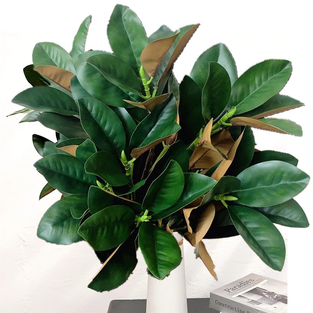 Olivachel Artificial Magnolias Branch Faux Rubber Tree Leaves Long Stem Real Touch for Home Indoor Outdoor Decor (Dark Green, Pack of 4pcs)