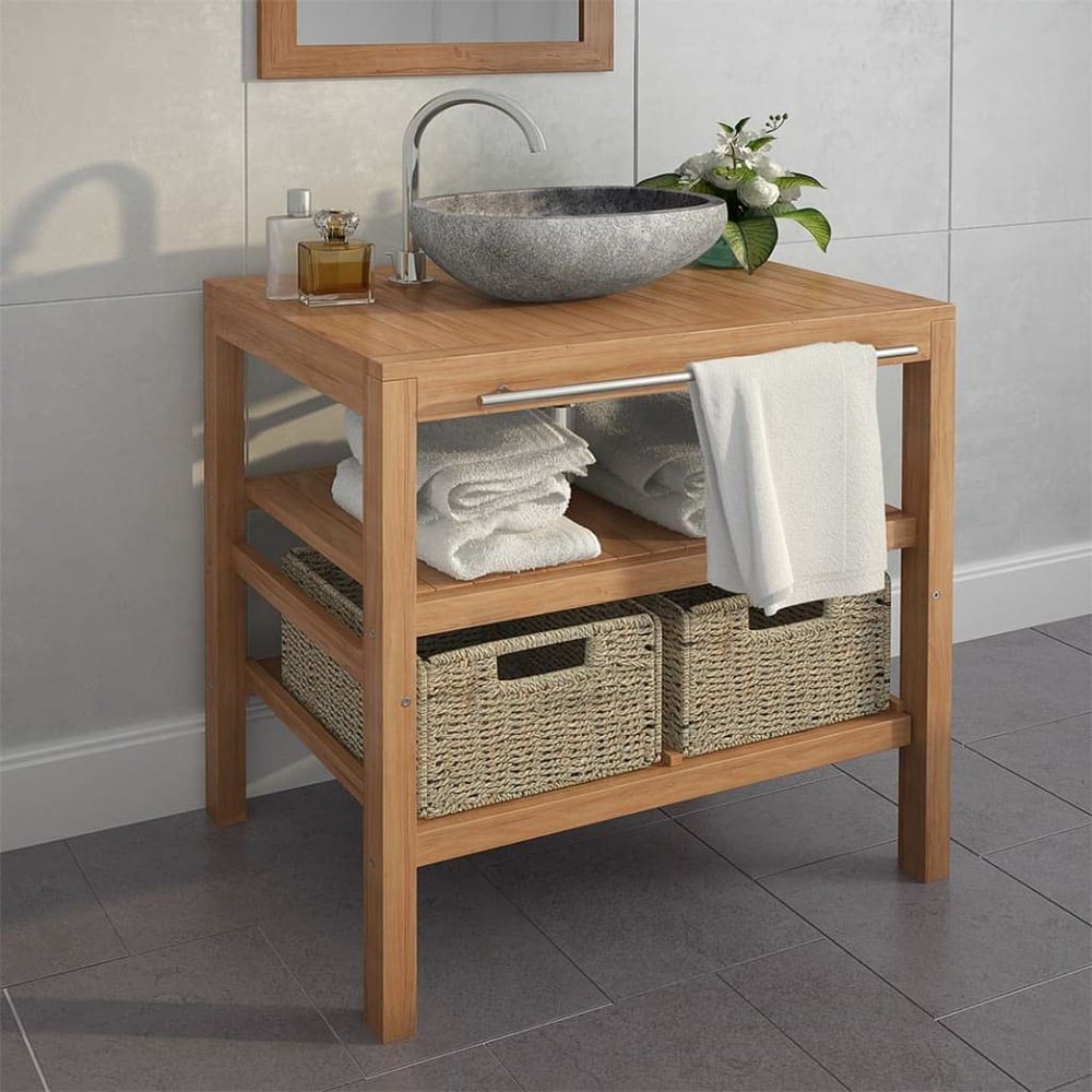 WEHUOSIF Bathroom Vanity Cabinet with 2 Baskets Solid Teak,Ladder Shelves,Bathroom Storage Shelves,Open Shelves,Small Table,for Living Room,Hallway,Bedroom,Kitchen,29.1" x 17.7" x 29.5"