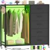 Cyclysio Dresser with Hanging Rack, 5 Fabric Drawers Dresser with Clothes Rack, Wooden Top Storage Chest of Drawers with Charging Station & LED Lights, Lockable Wheels, Closet view 1