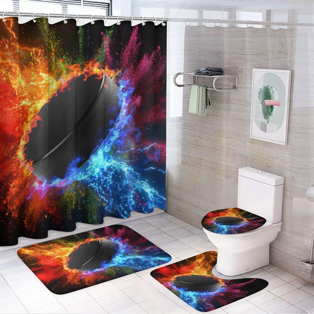 FBMLBRB Cool Ice Hockey Sports 4 Pieces Shower Curtain Set, Abstract Paint Style Graffiti Fire Ice Hockey Ball Non-Slip Rugs Toilet Lid Cover Bath Mat and Bathroom Curtain