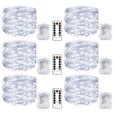 6 Pack 33FT 100LED Fairy String Lights Battery Operated with Remote and Timer,IP65 Waterproof Dimmable Copper Wire 8 Modes LED Twinkle Lighting Indoor Outdoor for Bedroom Christmas Decor-Cool White