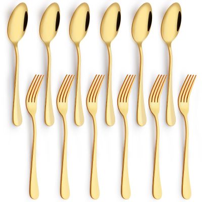 12 Pieces Spoons and Forks Set,Food Grade Stainless Steel Flatware Cutlery Set,6 Forks(6.8 inch)and 6 Spoons(6.6inch)Silverware Set for Home,Kitchen,Restaurant-Mirror Polished & Dishwasher Safe(Gold)