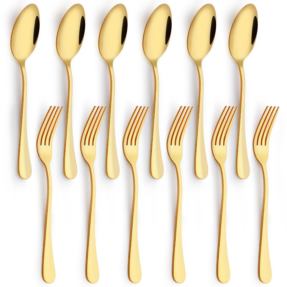 12 Pieces Spoons and Forks Set,Food Grade Stainless Steel Flatware Cutlery Set,6 Forks(6.8 inch)and 6 Spoons(6.6inch)Silverware Set for Home,Kitchen,Restaurant-Mirror Polished & Dishwasher Safe(Gold)