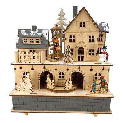 Lighted Wind Up Musical Wood Village with Singers and Moving Scene 9.5 Inch