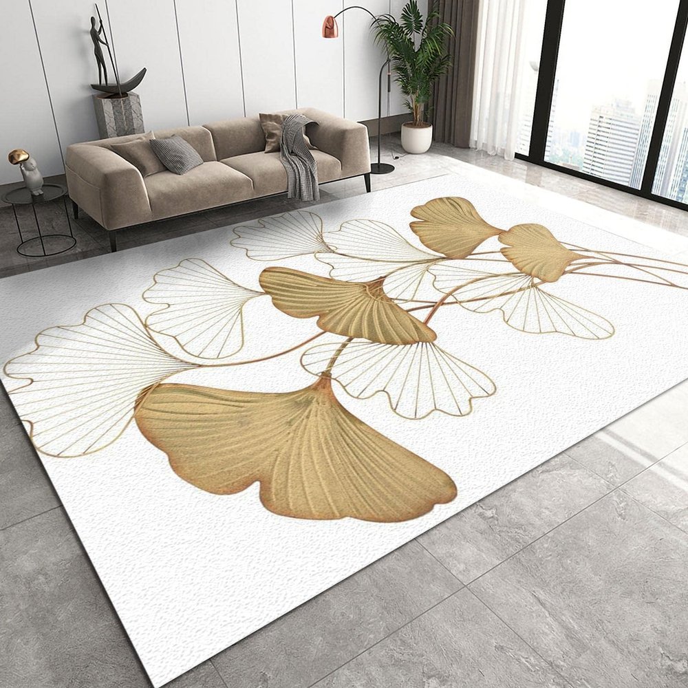 ELLECO White Gold Ginkgo Leaves Area Rugs, Platinum Lines Leaves Indoor Non-Slip Kids Rug, Upholstery Rug with Non-Slip Backing for Kids Boys Girls Bedroom Living Room Dining Room Study 5ftx8ft