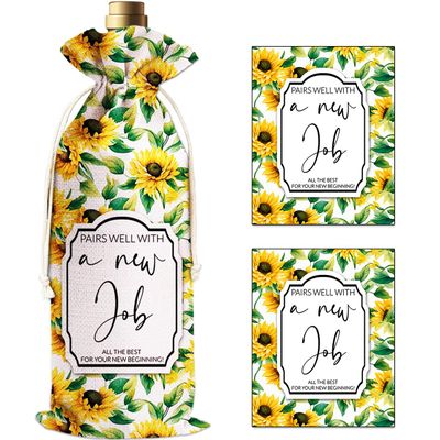 IRADA Wine Bag with 2 Wine Bottle Labels Sticker, Reusable Burlap Wine Bags for Wine Bottles Stuff,Party Decorations-New Job Wine Bag-Sunflower Decor