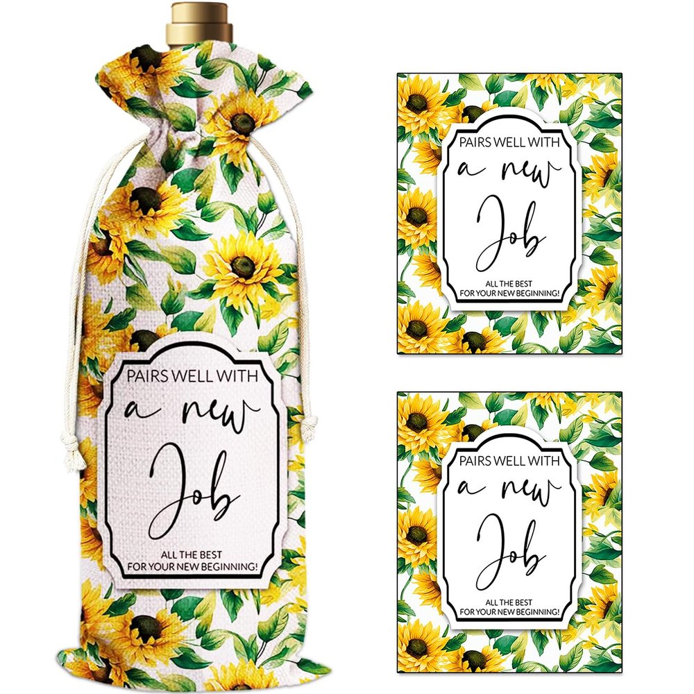IRADA Wine Bag with 2 Wine Bottle Labels Sticker, Reusable Burlap Wine Bags for Wine Bottles Stuff,Party Decorations-New Job Wine Bag-Sunflower Decor