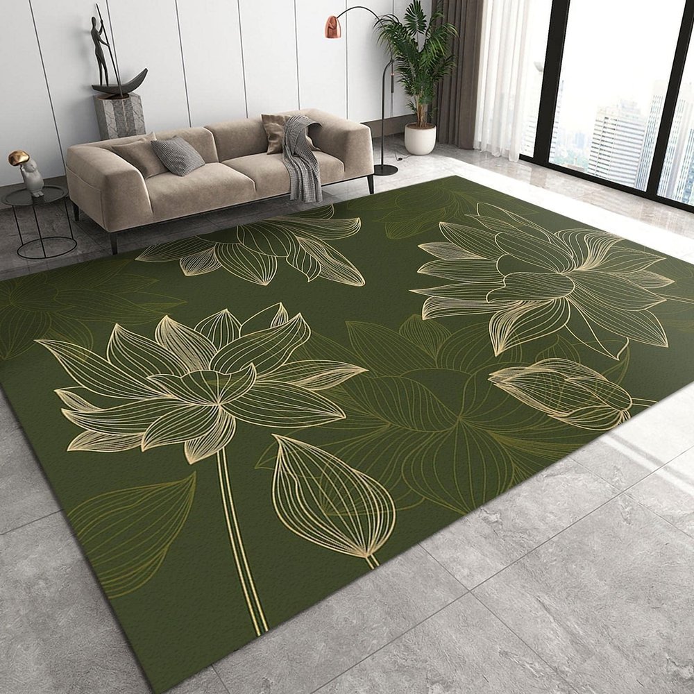 ELLECO Dark Green Golden Lotus Indoor Area Rugs, Simple Line Flowers Non-Slip Kids Rug, Upholstery Rug with Non-Slip Backing for Kids Boys Girls Bedroom Living Room Dining Room Study 5ftx8ft