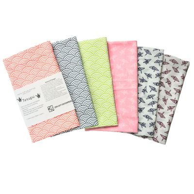 ZEN GIFT ENTERPRISE Tenugui Traditional Towel Made in Japan Fray Prevention 100% Cotton Eco Friendly Kitchen Towels Gift Wrapping Seigaiha Orizuru Pattern Set of 6 12.99"x34.64"