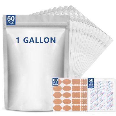 50 pcs Mylar Bags for Food Storage Reusable Mylar Bags with Oxygen Absorbers 400cc Thick 9.44 mil,Heat Sealable Mylar Bags for Food Storage Zipper Pouches (1 Gallon, 14"x10")