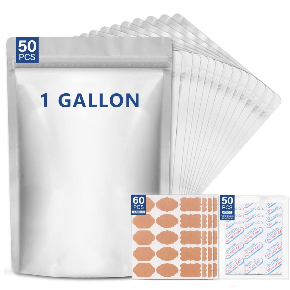 50 pcs Mylar Bags for Food Storage Reusable Mylar Bags with Oxygen Absorbers 400cc Thick 9.44 mil,Heat Sealable Mylar Bags for Food Storage Zipper Pouches (1 Gallon, 14"x10")