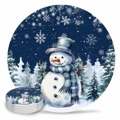 Coasters for Drinks Set of 6 with Holder Dark Blue Christmas Snowman Xmas Tree Snowflake Ceramic Cup Mat Absorbent Ceramic Stone Coasters with Cork Base for Coffee Cups Table Home Decor 4 in