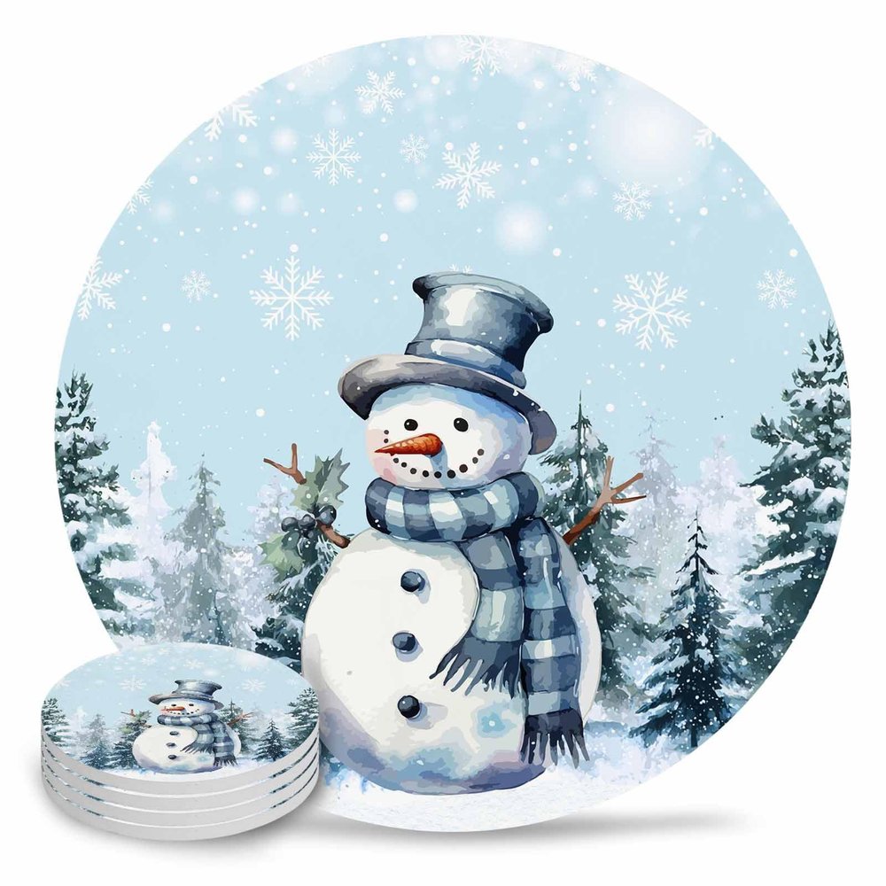 Coasters for Drinks Set of 4 with Holder Christmas Snowman Xmas Tree Snowflake Light Blue Ceramic Cup Mat Absorbent Ceramic Stone Coasters with Cork Base for Coffee Cups Table Home Decor 4 in