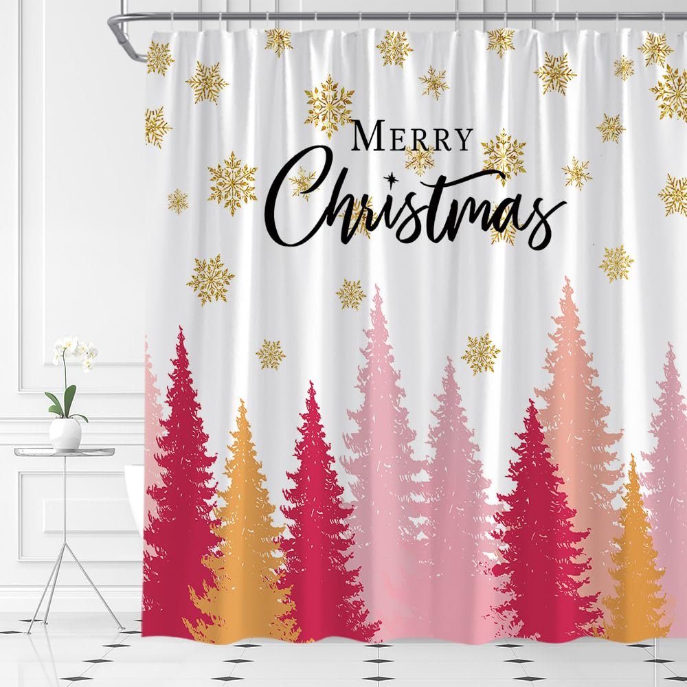AMFD Merry Christmas Shower Curtain Pink Xmas Tree Gold Snowflake Winter Holiday Happy New Year Fabric Bathroom Curtain Set with Hooks(47" Wx70 H)