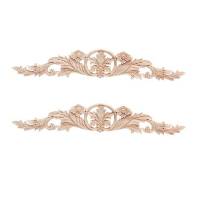 BSYMDH 2PCS Long Wood Appliques Onlays Wood Decorative Applique Onlays Wood Appliques Unpainted Wooden Carved Onlays for Bed Door Cabinet Wardrobe Furniture Decoration(01,30x6cm/11.81x2.36in)