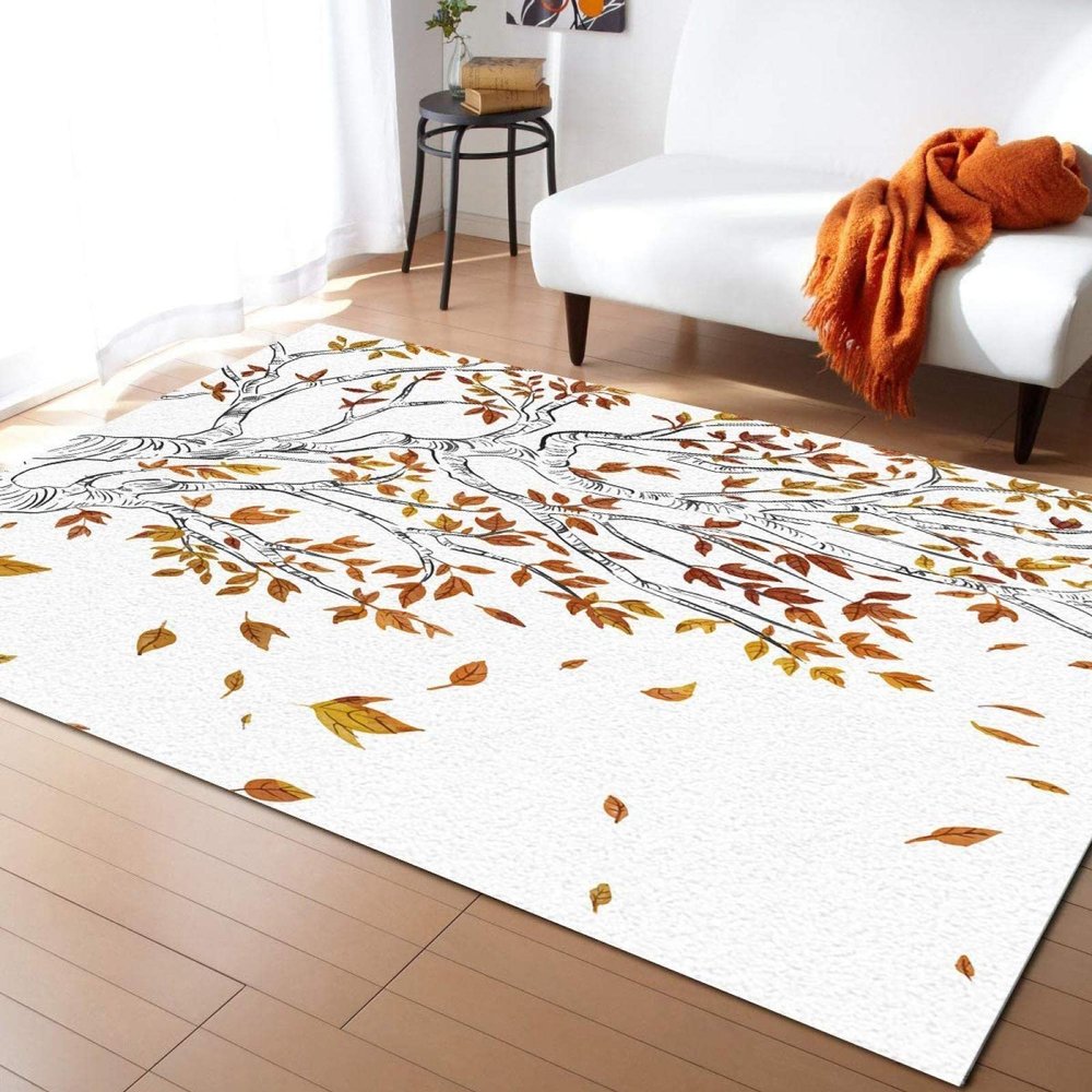 BISINA Black Lines Branches Area Rug, Fall Orange Gradient Leaves Kids Room Runner Rug, Living Room Decorative Outdoor Rug for Kids Girls Boys Bedroom, Office Non-Slip Washable Decorative Rug6x8ft