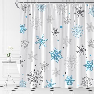AMFD Christmas Snowflake Shower Curtain Winter Snowy Blue Gray Merry Christmas Holidy Fabric Bathroom Curtain Set with Hooks(67" Wx70 H)