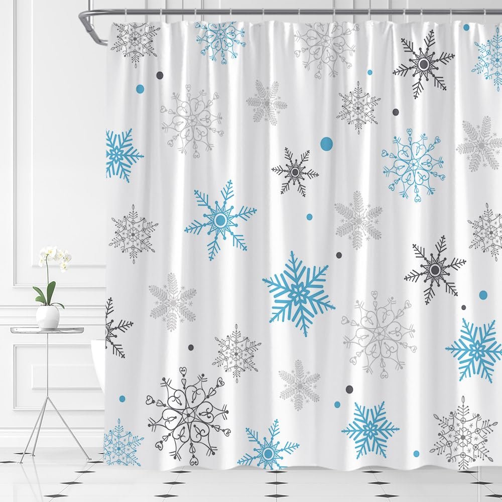 AMFD Christmas Snowflake Shower Curtain Winter Snowy Blue Gray Merry Christmas Holidy Fabric Bathroom Curtain Set with Hooks(67" Wx70 H)