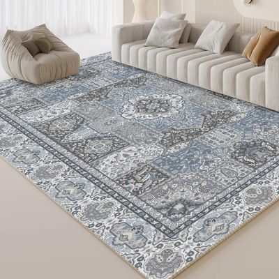 Boho Washable Area Rug, 8 x 10 Indoor Oriental Rugs for Living Room, Vintage Area Rug 8x10 for Living Room Decor, Non-Slip Backing Area Rugs for Bedroom and Dining Room, Machine Washable(Blue/Grey)