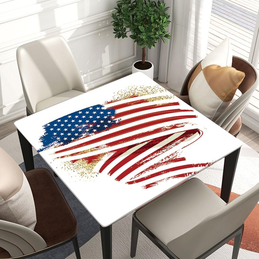 LMPTOEI Celebrating Independence Fitted Square Table Cover,Waterproof Oil Proof Polyester, Easy to Clean, with Elastic Band Closure, Fitted for 28"x28" Table Style 2364
