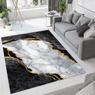 Black White Gold Marble Area Rug, European Simple Light Luxury Kids Room Runner Rug, Living Room Decorative Outdoor Rug for Kids Girls Boys Bedroom, Office Non-Slip Washable Decorative Rug(4x5ft