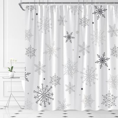 AMFD Christmas Snowflake Shower Curtain Winter Snowy Gray Merry Christmas Holidy Fabric Bathroom Curtain Set with Hooks(67" Wx70 H)