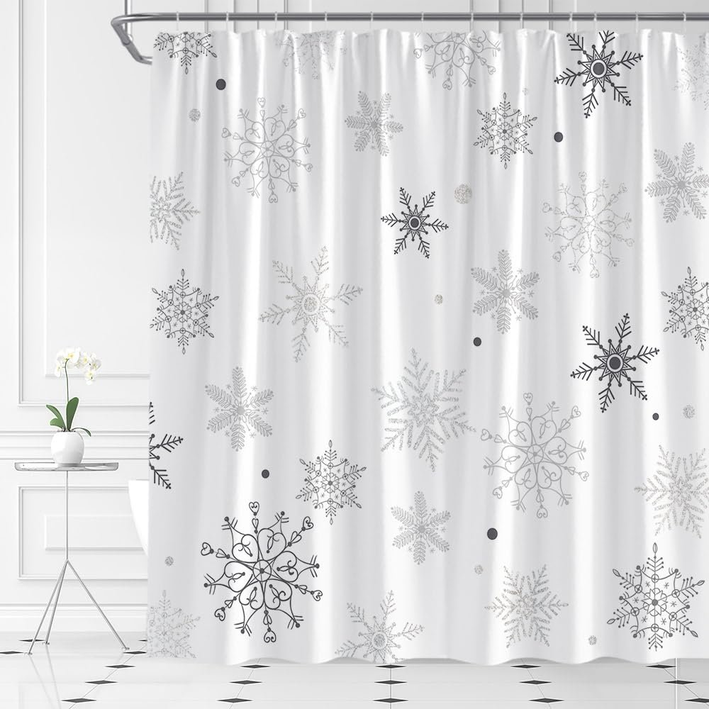 AMFD Christmas Snowflake Shower Curtain Winter Snowy Gray Merry Christmas Holidy Fabric Bathroom Curtain Set with Hooks(67" Wx70 H)