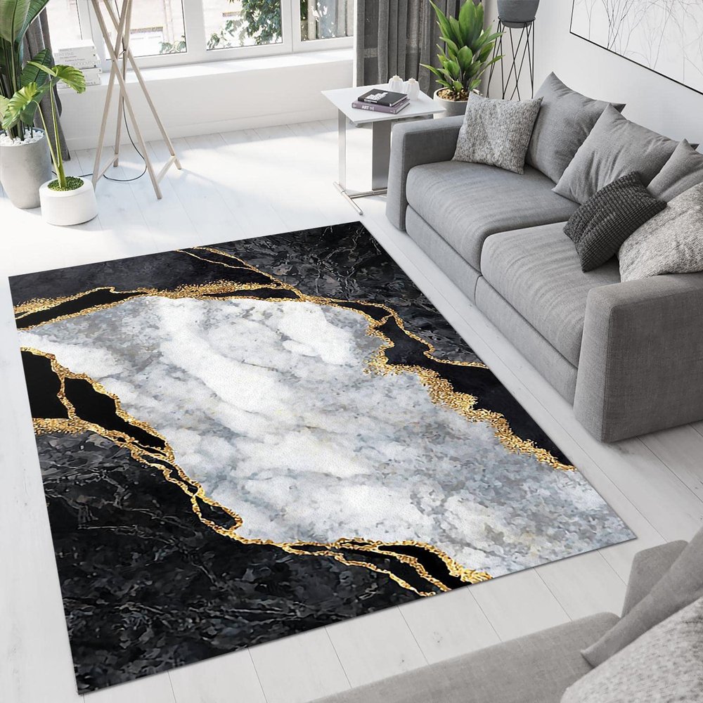 Black White Gold Marble Area Rug, European Simple Light Luxury Kids Room Runner Rug, Living Room Decorative Outdoor Rug for Kids Girls Boys Bedroom, Office Non-Slip Washable Decorative Rug2x3ft
