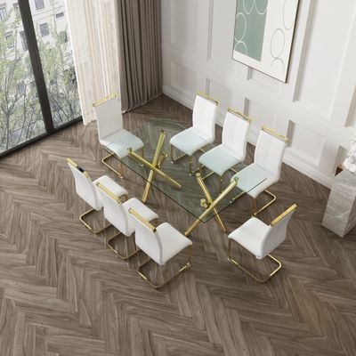 WEKEOT Modern Dining Table Set for 8 Kitchen Table Chair Set 71 Tempered Glass Table and Chairs with Plated Metal Leg Clear Dinner Table Set comedor de 8 sillas y mesa