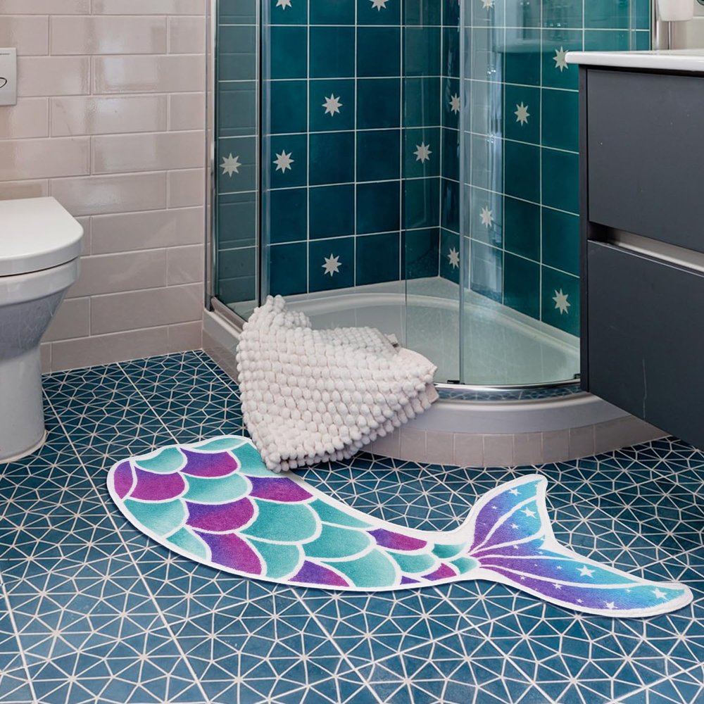 Kitcmat Cute Mermaid Bath Mat Non-Slip Absorbent Fish Bathroom Rug Funky Soft Washable Bath Mat for Bathroom, Shower, Room 17.7"x39.3"