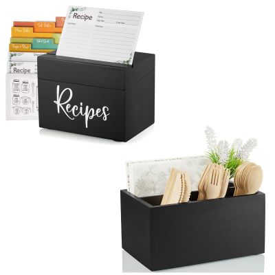 DRASTAR Recipe Box& Silverware Caddy, Wooden Silverware Holder