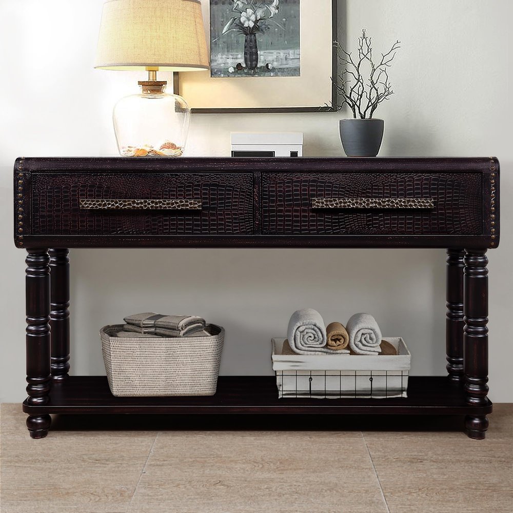 54 Inch Pine Wood Console Table with 2 Drawers and Open Bottom Shelf, 2 Outlets and 2 USB,Imitation Crocodile Skin Apperance Retro Sofa Table,for Entryway Hallway Living Room (Distressed Black-001)