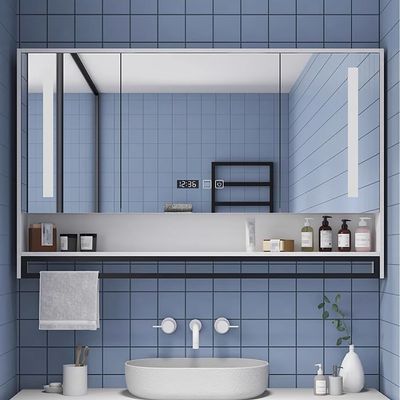 UkewEi Anti-Fog Makeup Mirror Cabinet 40in, LED Smart Medicine Cabinet with Touch Switch, Clock/Temper Display, Wall Mounted Bathroom Cabinet with Storage, Towel bar ( Color : Black , Size : 70*75*12c