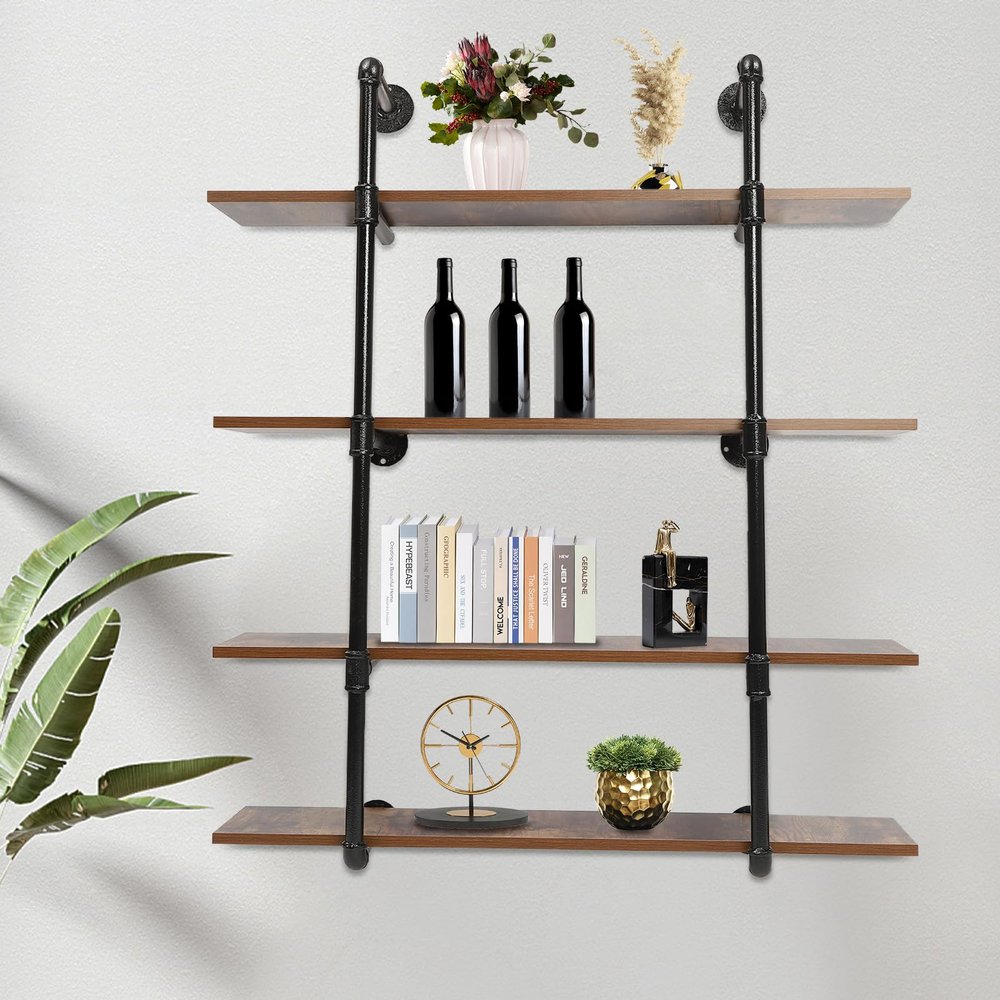 DNYSYSJ 36 Industrial Pipe Shelving Wall Mounted Rustic Metal Floating Shelves,Steampunk Real Wood Book Shelves,Wall Shelf Unit Bookshelf Hanging Wall Shelves,Farmhouse Kitchen Bar Shelving(4 Tier)