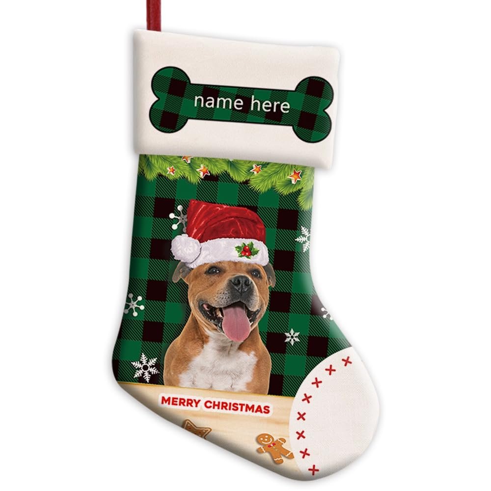 MALIHONG Personalized 1 Pack Merry Christmas Stocking Staffordshire Bull Terrier Dog with Santa Hat Green Buffalo Plaid Check Snowflake Christmas Stocking Gift for Dog Holiday Festival Decor 14.4"