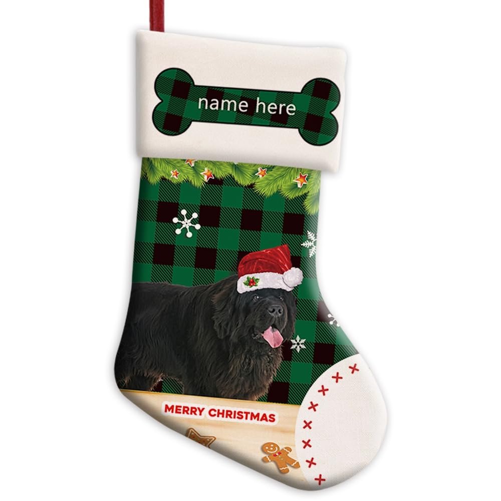 MALIHONG Personalized 1 Pack Merry Christmas Stocking Lovely Newfoundland Dog with Santa Hat Green Buffalo Plaid Check Snowflake Christmas Stocking Gift for Dog Xmas Holiday Festival Decor 14.4"